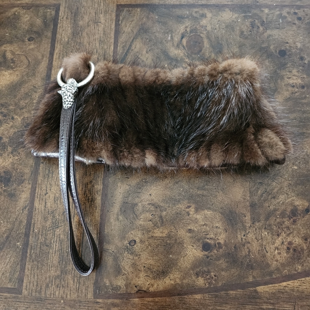 Paolo Masi Brown Mink Fur Leather Clutch Wristlet Purse Bag Tiger Metal